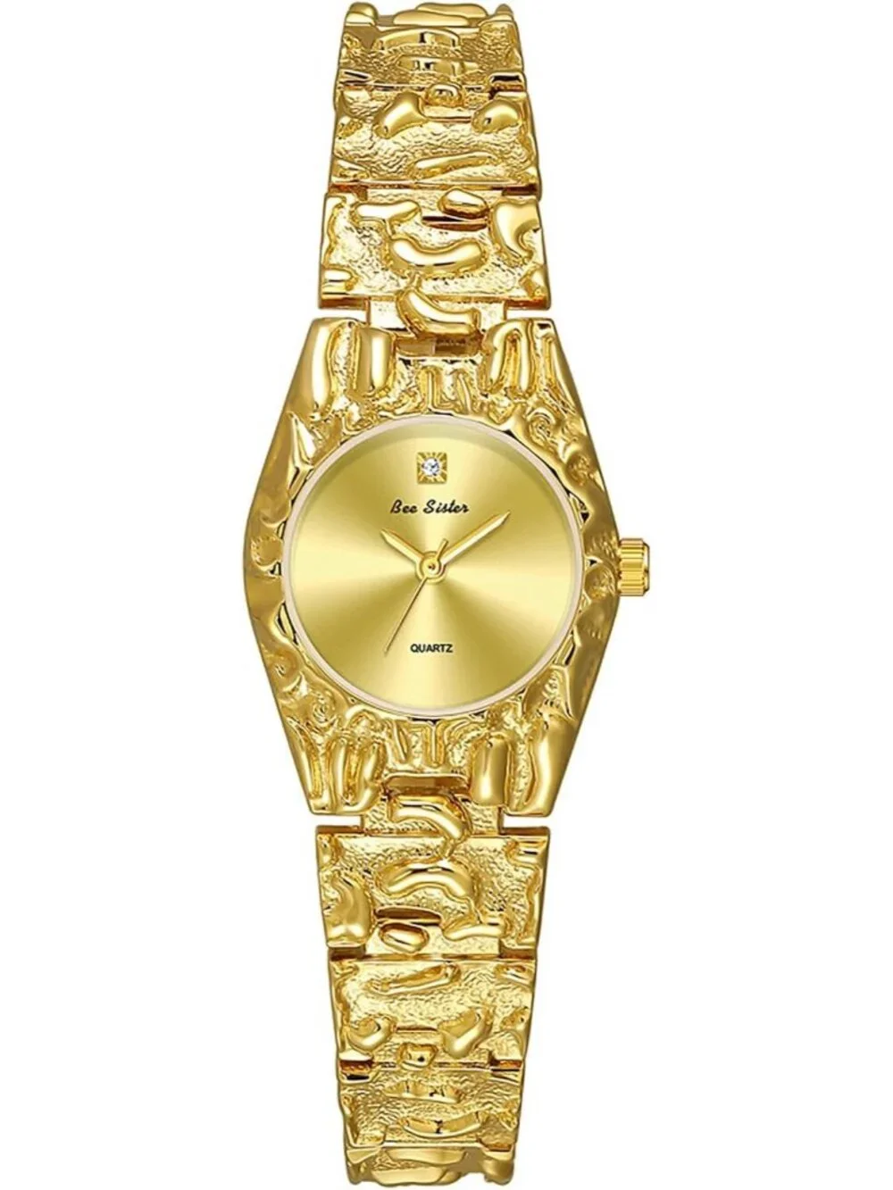 Women's Gold Luxurious Textured Jewelry Chain Minimalist Dial Quartz Wrist Watch